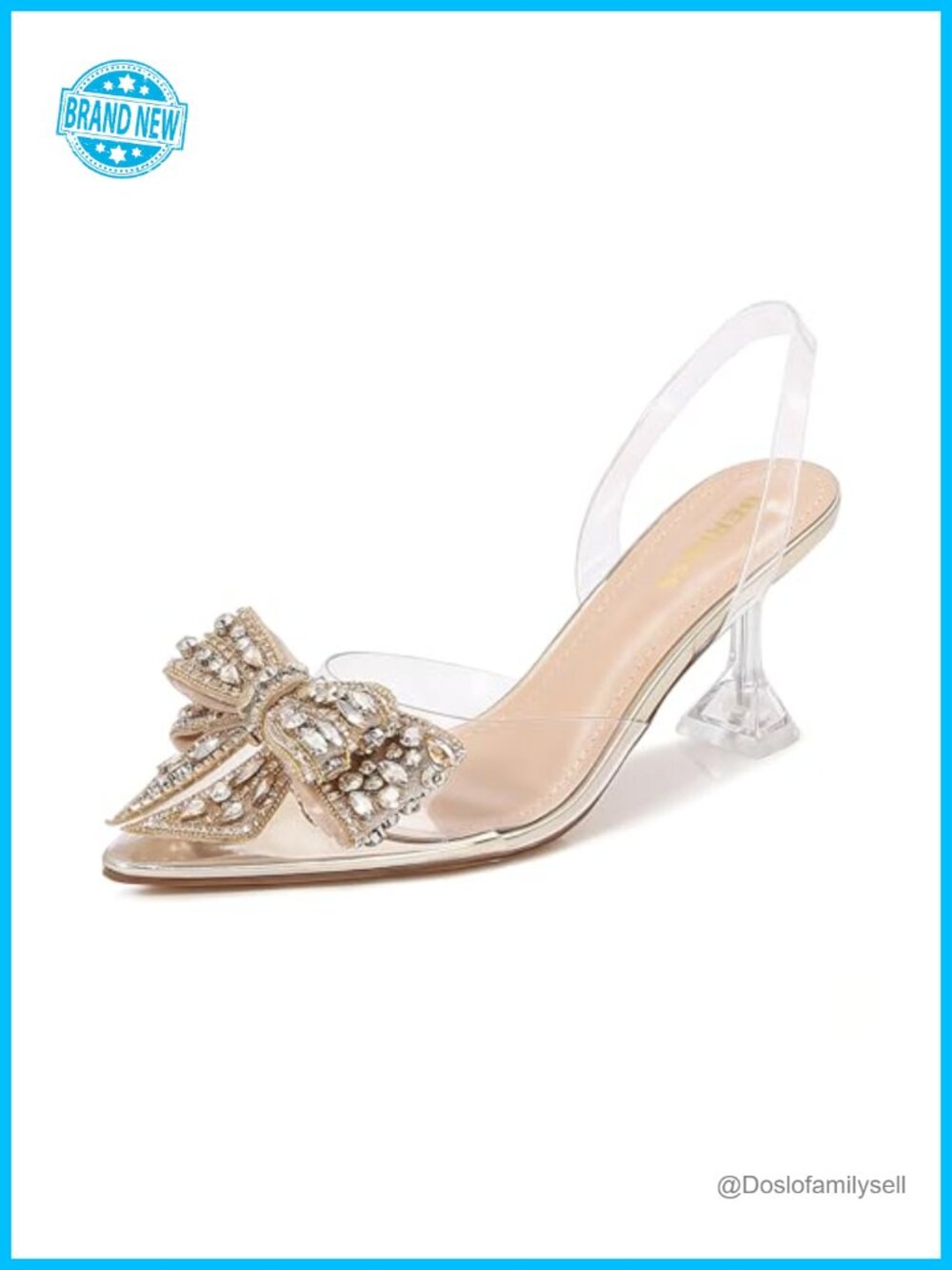 Crystal Bow Clear Slingback Kitten Heel Pumps Pointed Toe 3-Inch Heel